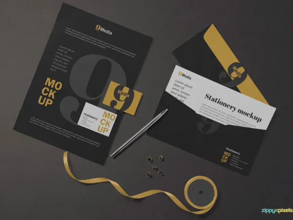 Mockup Showcasing Top view of Stationery Branding Designs 1