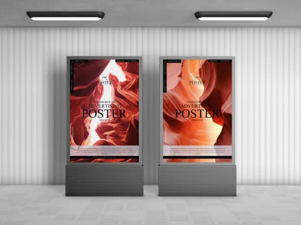 Mockup Showcasing Two Poster Stands in Underground Setting 1