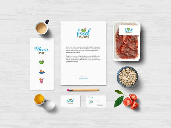 Mockup Showing Letterhead Menu Business Cards in Food Scene 1