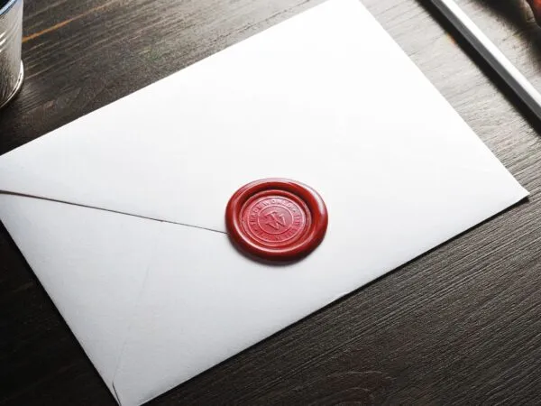 Mockup Showing Logo on Wax Sealed Envelope on Wooden Table 1