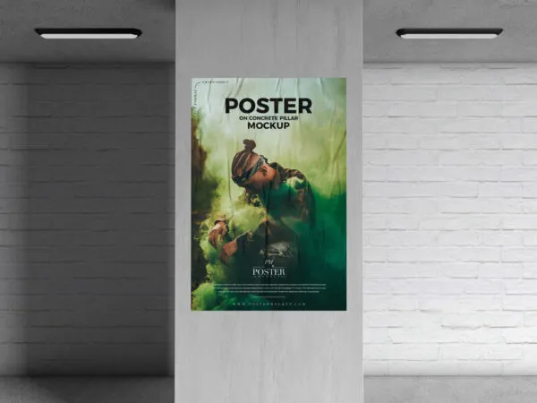 Mockup Showing Poster on Concrete Pillar with Brick Wall Background 1