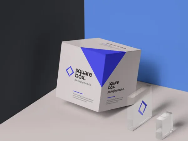 Mockup Showing Tilted Square Box with Transparent Square Object 1