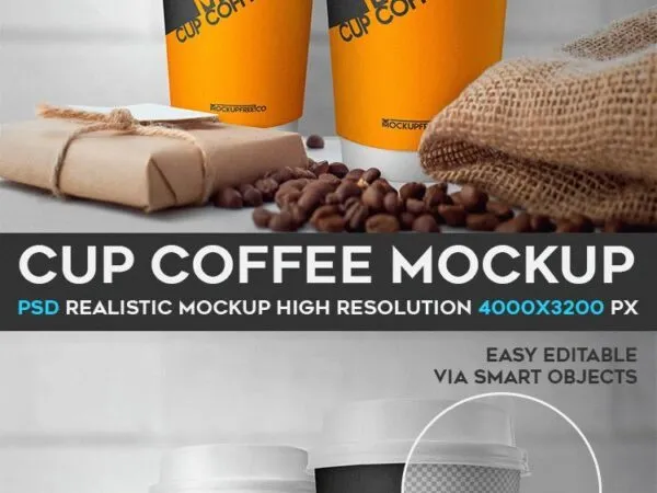 Mockup Showing Two Coffee Cups Gift Box Scattered Coffee Beans 1