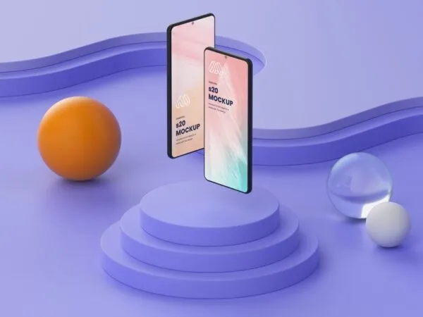 Mockup Showing Two Samsung Galaxy S20 Floating Above Circular Stand 1