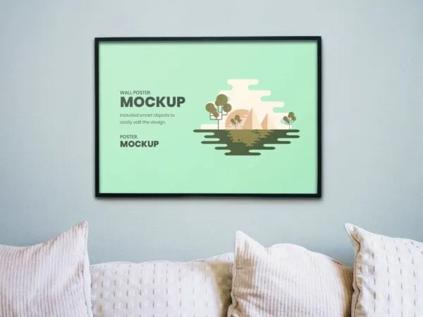 Mockup Showing a Poster Attached to a Wall and Decorated with Pillows 1