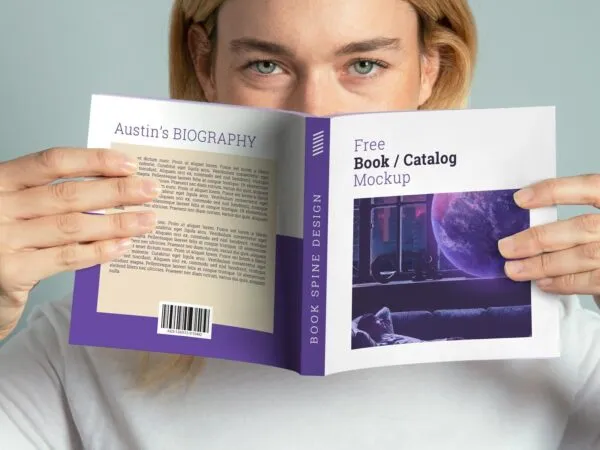 Mockup Showing a Woman Holding a Square Paperback 1