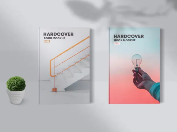 Mockup of 2 Hardcover Books with Plant and Shadows 1
