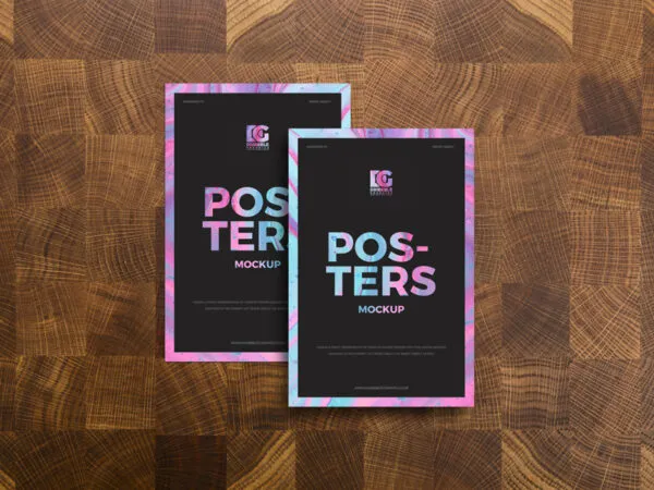 Mockup of 2 Top View Posters on Wooden Background 1