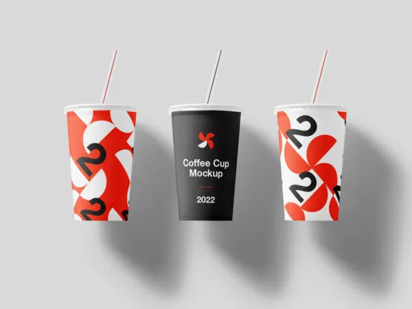 Mockup of 3 Floating Coffee Cups with Straws in the Front View 1