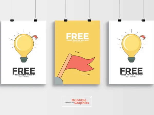 Mockup of 3 Hanging Posters on the Wall 1