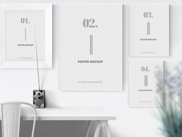 Mockup of Four Indoor Posters in Different Sizes with Shadow 1