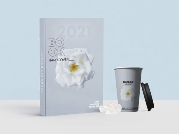 Mockup of Hardcover Book Along with Paper Coffee Cup 1