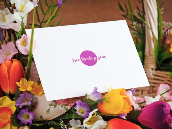 Mockup of Horizontal Greeting Card on a Flower Basket in Side View 1
