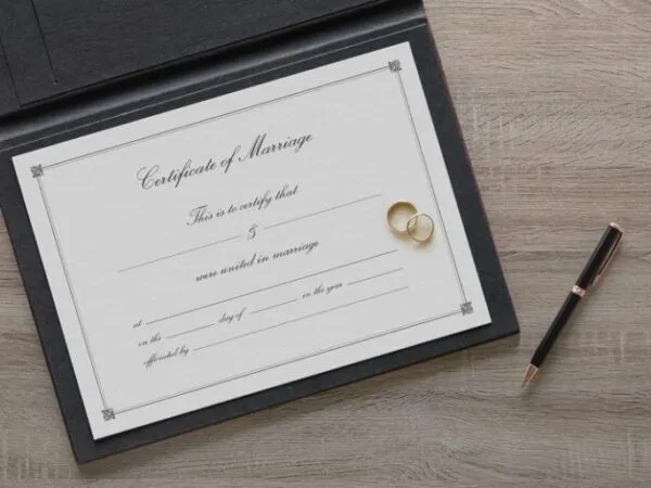 Mockup of Marriage Certificate with Rings and Pen 1