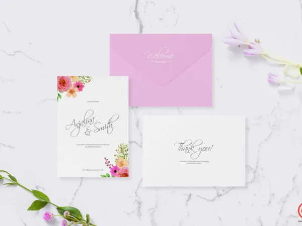 Mockup of Minimal Invitation Cards and Envelope Laid in Top View 1