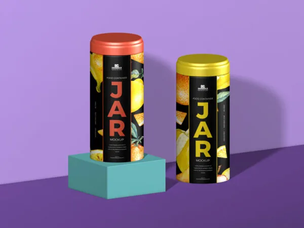 Mockup of Two Cylindrical Food Bottle Containers in Half Side View 1