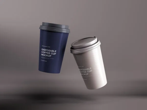 Mockup of Two Disposable Coffee Cups Floating on a Background 1