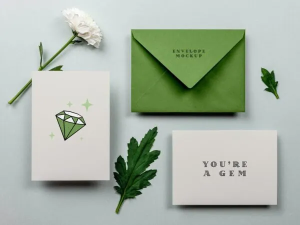 Mockup of Two Greeting Cards and an Envelope with Flower 1