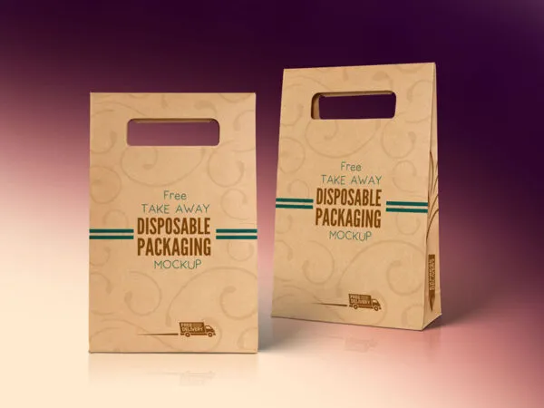 Mockup of Two Kraft Packaging Bags with Cutout Handles in Front View 1