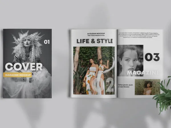 Mockup of Two Magazines in Top View Closed and Opened 1