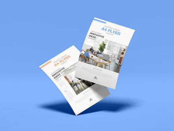 Mockup of Two Slanting A4 Flyers Floating in the Half Side View 1