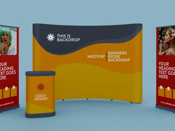 Mockup of Two Standing Banners a Kiosk and a Backdrop 1