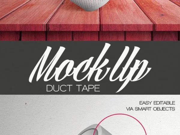 Mockup of a Floating Duct Tape on a Wooden Table 1