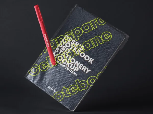 Mockup of a Notebook with Transparent Cover and a Pen 1