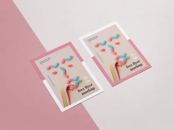 Mockup of a Pair of Flyers Laid in Perspective in A4 A5 A6 Layouts 1
