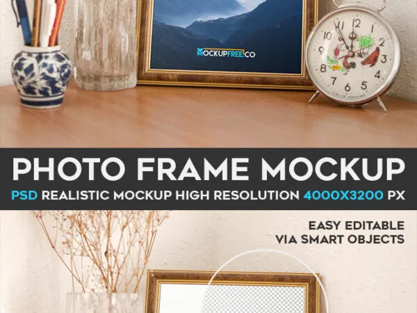 Mockup of a Photo Frame Decorated with a Clock and Vases 1