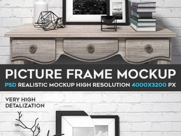 Mockup of a Picture Frame Placed on a Vintage Wooden Table 1