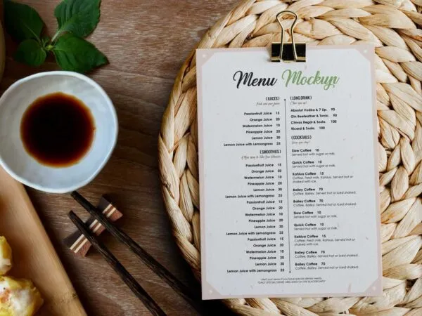 Mockup of a Restaurant Menu on a Wickerwork 1