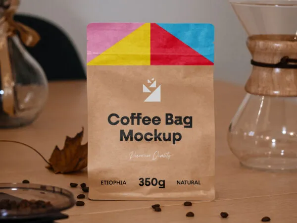 Mockup of a Small Coffee Bag on a Wooden Table 1