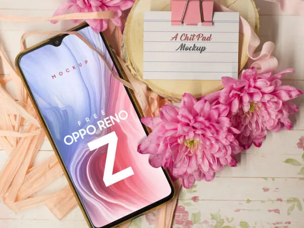 Mockup of an Oppo Reno Z Smartphone with Flowers 1