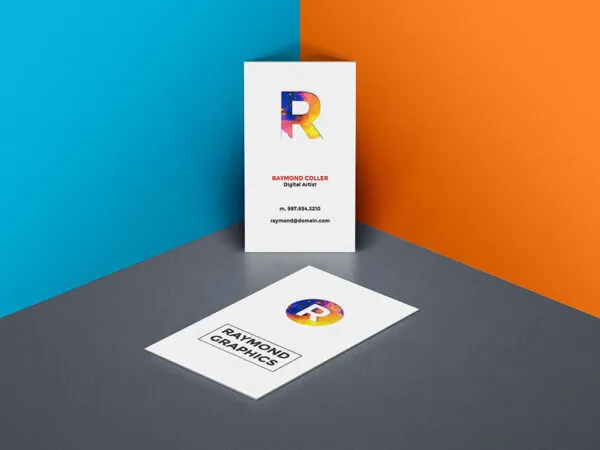 Mockup of an Upright and Leaning Business Cards 1
