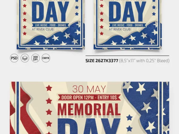 Modern Flag Memorial Day Flyer and Facebook Cover Template 1