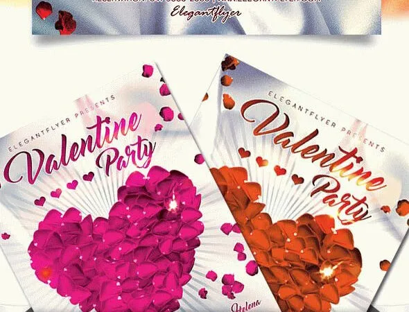 Modern Flower Petal Valentines Day Party Flyer and Facebook Cover Template 1