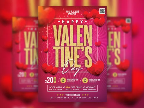Modern Glass Heart Valentines Day Party Flyer Template 1