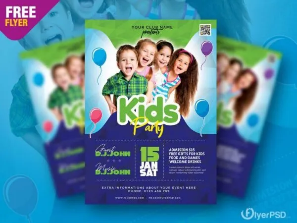 Modern Green and Blue Kids Party Flyer Template 1