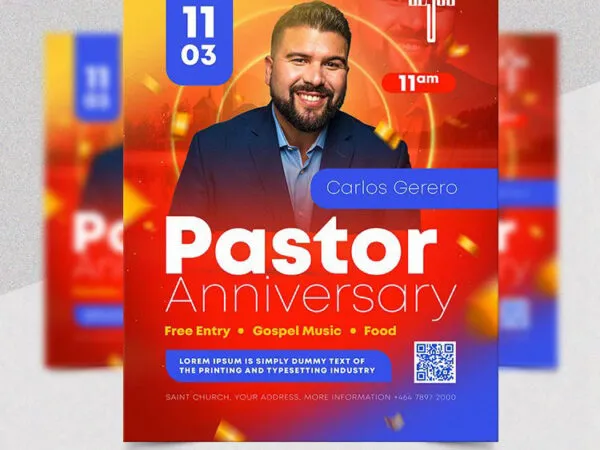 Modern Orange Pastor Anniversary Flyer Template 1