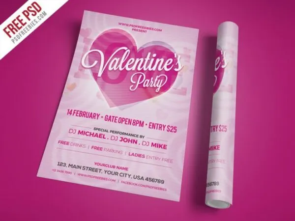 Modern Pink Valentines Day Party Flyer Template 1