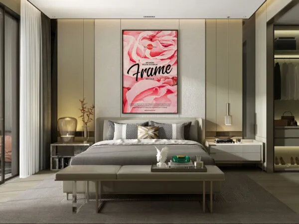 Modern Room Above Bed Vertical Picture Frame Mockup 1