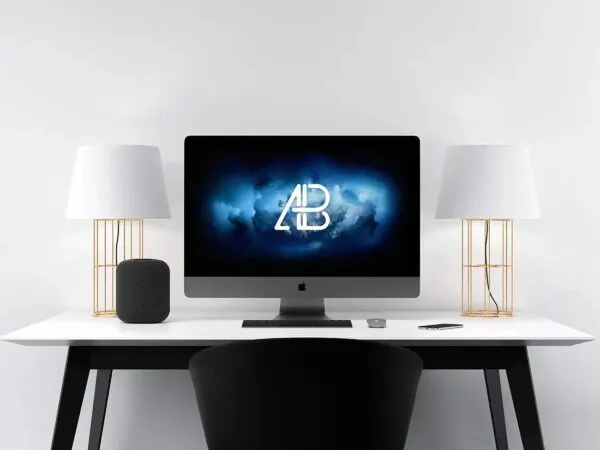 Modern iMac Pro with Lamps on Table Mockup 1