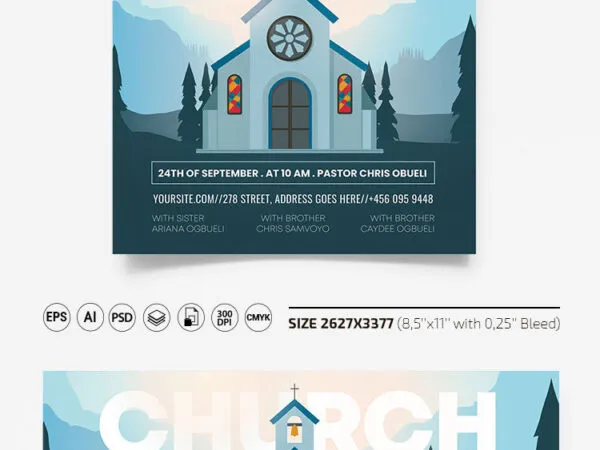 Monochromatic Blue Illustrated Church Flyer and Facebook Cover Templates 1