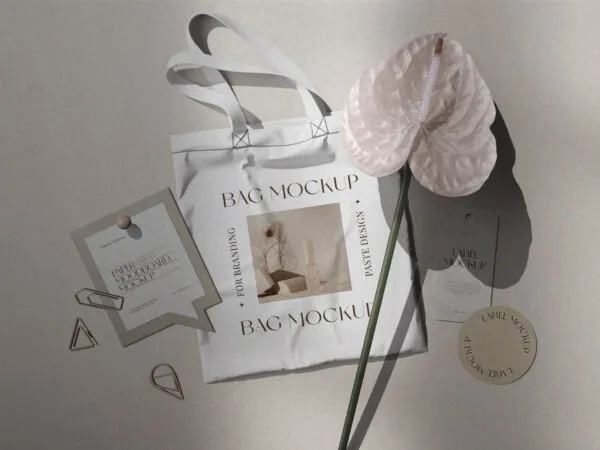 Mood Board Mockup with Fabric Bag and 2 Labels 1