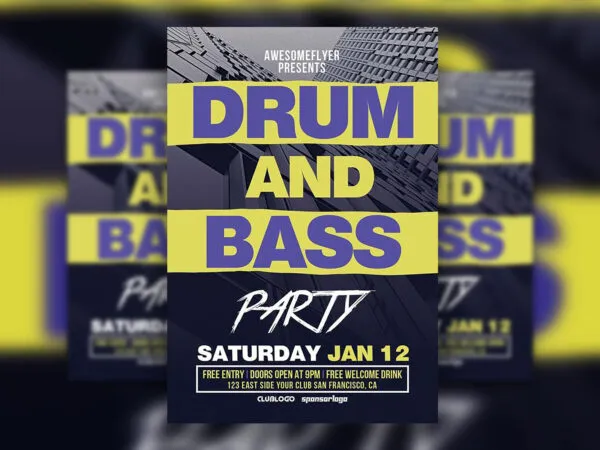 Music Party Flyer Template with Black and White Building Background 1