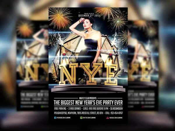 NYE Flyer Template with Fireworks and Bursting Champagnes 1