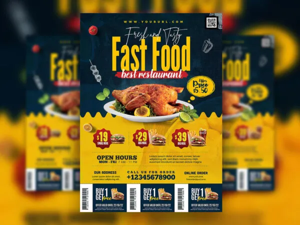 Navy Blue and Yellow Fast Food Restaurant Flyer Template 1