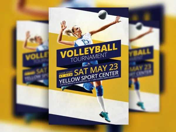 Navy Yellow White 3D Volleyball Tournament Flyer Template 1