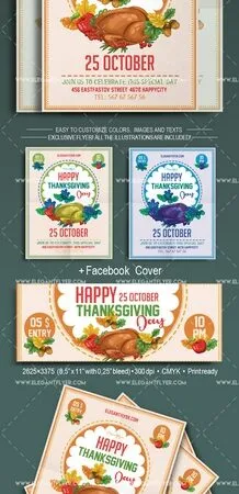 Neat Cartoon Illustrative Thanksgiving Day Flyer Template and Facebook Cover 1